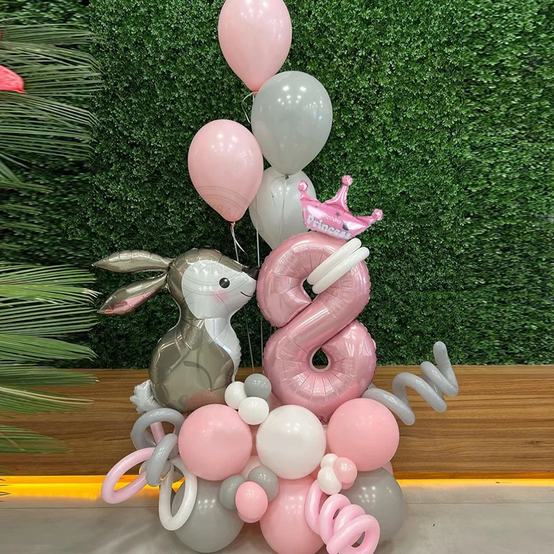 47pcs Easter Themed Rabbit Foil Balloon 32inch Pink Number 1-9 Grey White Pink Latex Balloon Set for Girl Birthday Wedding Party