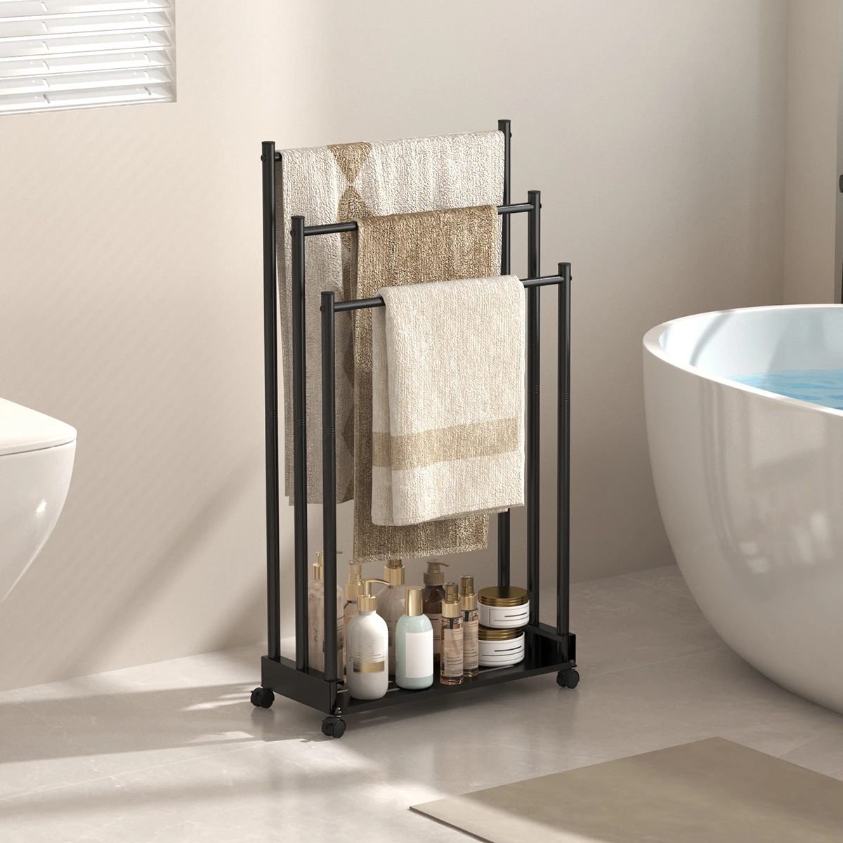 Three Layer Vertical Towel Rack with Mobile Storage Roller Tray, Suitable for Drying and Storing Towels Next to the Bathtub