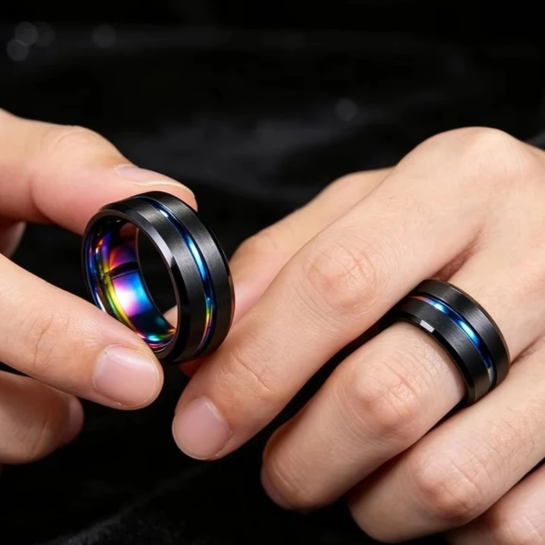 8mm Black Groove Beveled Edge Tungsten Ring Men Wedding Engagement Band Valentines Day Gift, Mens Jewelry