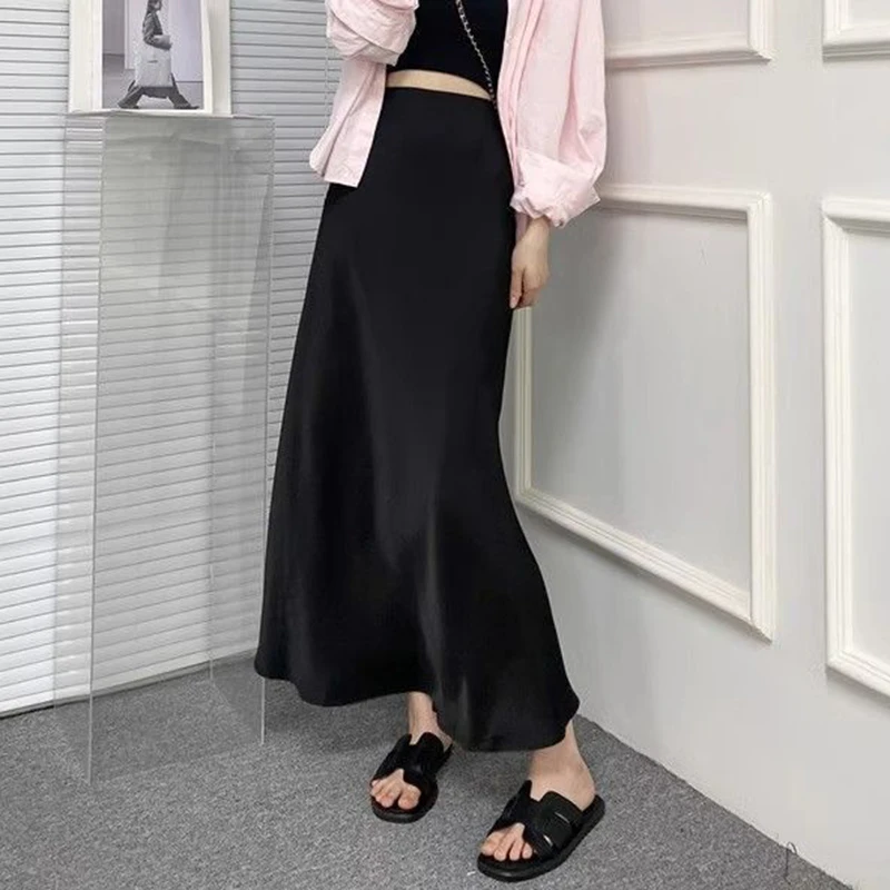 

Summer Lady High Waisted Thin Ice Silk Skirts Women Classic Korean Fishtail Dress Girls Fashion Solid Party Skirts