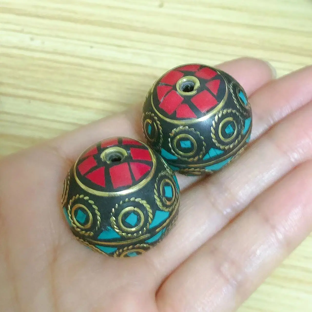 BD005 Nepal Handmade 26mm Big Ball Beads Brass Colorful Stone DIY Jewelry Accessories 2 Pieces Beads image 5
