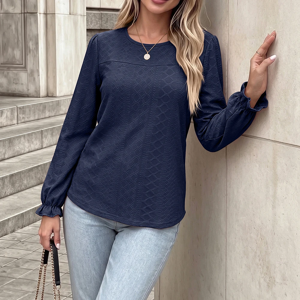 Ladies Solid Color Patchwork Casual Top Long Sleeve Round Neck Loose for Fit for Holiday Beach Cycling and Active Lifestyle