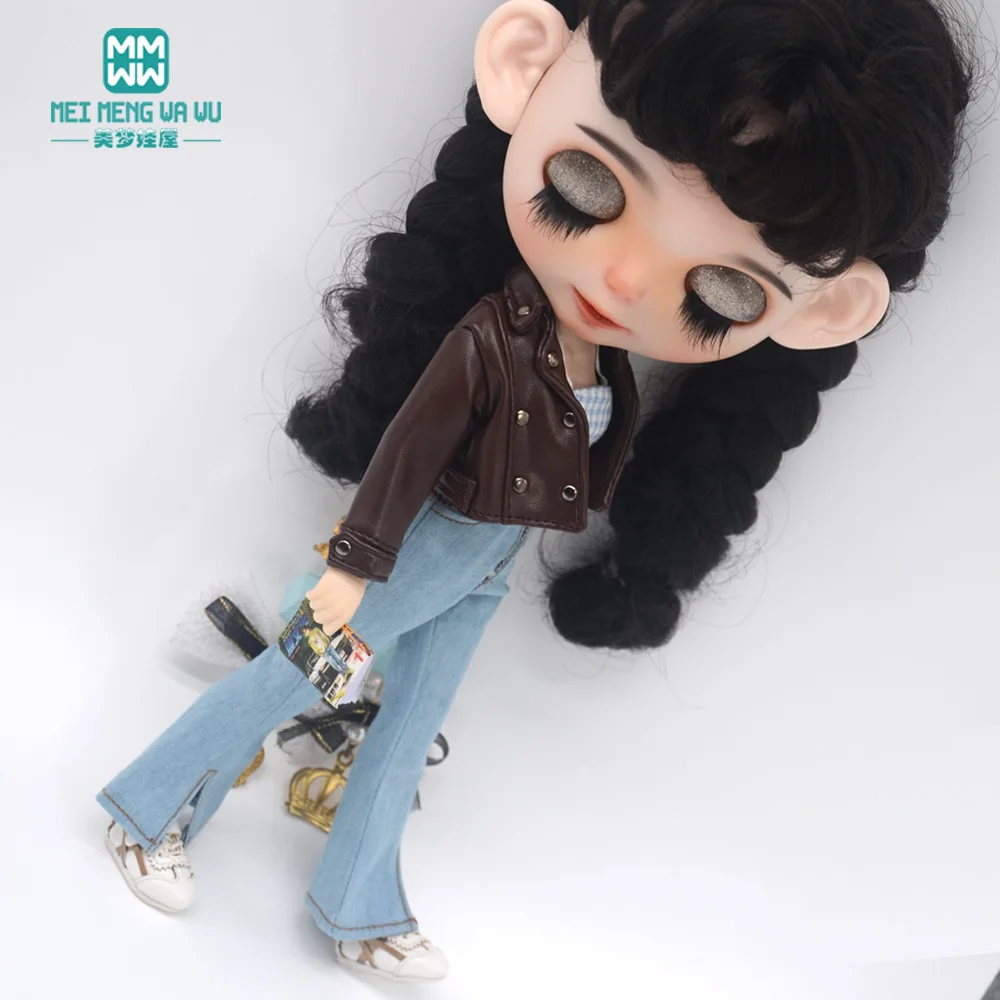 Blyth Doll Clothes 28-30cm Azone OB24 Accessories Toys Fashion Leather Jackets Jeans Flared Pants Tube Top Gifts for Girls