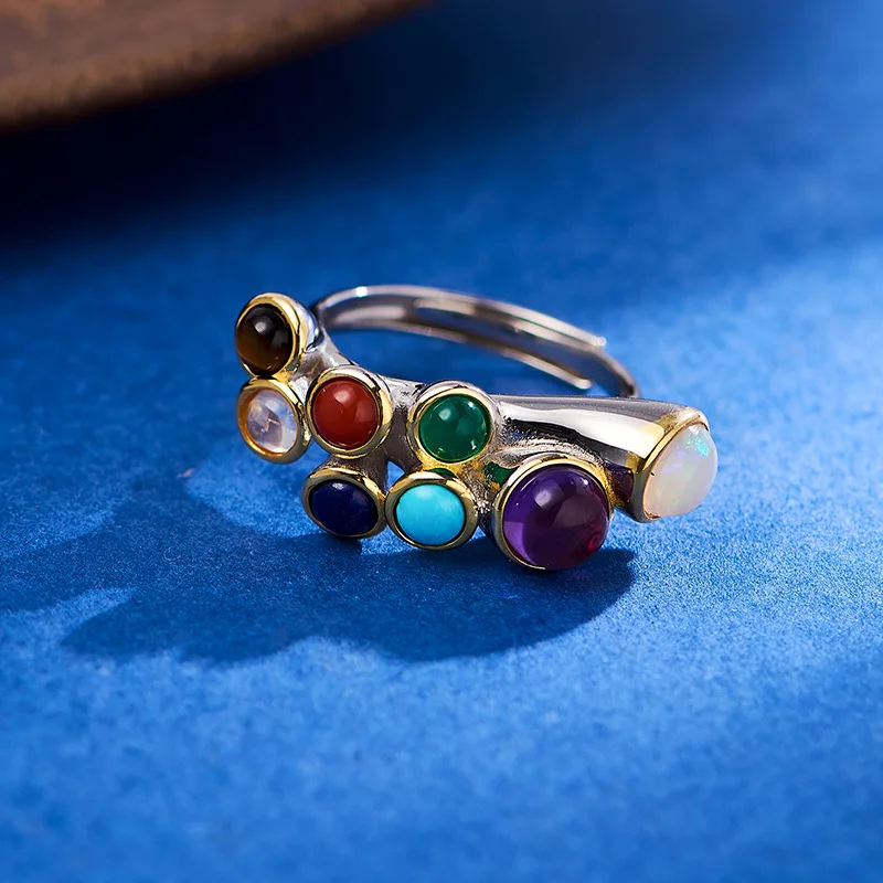 S925 Sterling Silver Rings for Women Colored Gemstone Gilded Geometric Pattern Classic Fashion Jewelry Wholesale