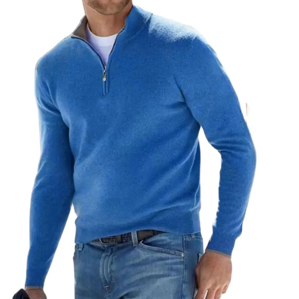 Zipper Neckline Men's Winter Sweaters Slim Stand Collar Soft Zipper Neck Pullover Sweater Fashionable Cold