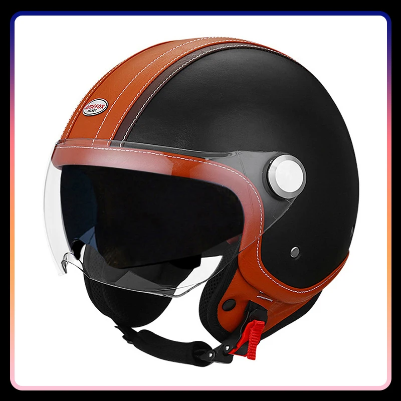 

Leather Retro Open Face Motorcycle Helmet Daul Lens Adult Men Women Vintage Jet Helmet Double Visor Scooter Curiser Chopper DOT