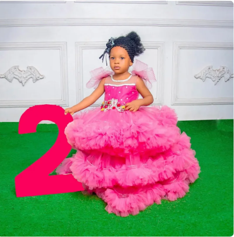 

2024 Pink Flower Girl Dress For Wedding Tulle Layered Tutu Beaded Baby Kids Birthday Party First Communion Gowns 12M 24M