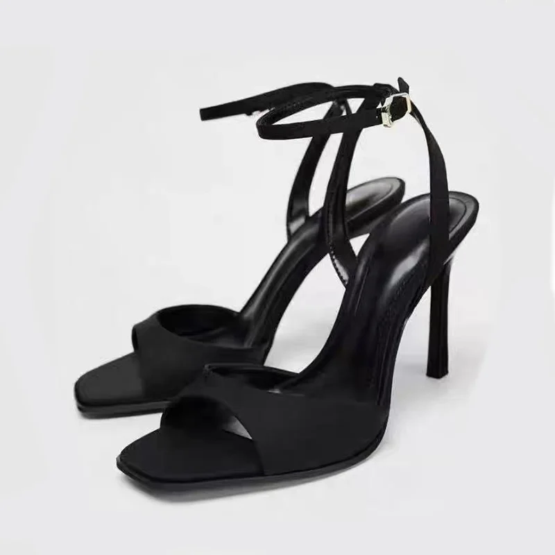

Brand Designer High Heeled Sandals for Women Sexy Ankle Strap Black Open Toe Party Dress Office Lady Shoes Elegant Stilettos