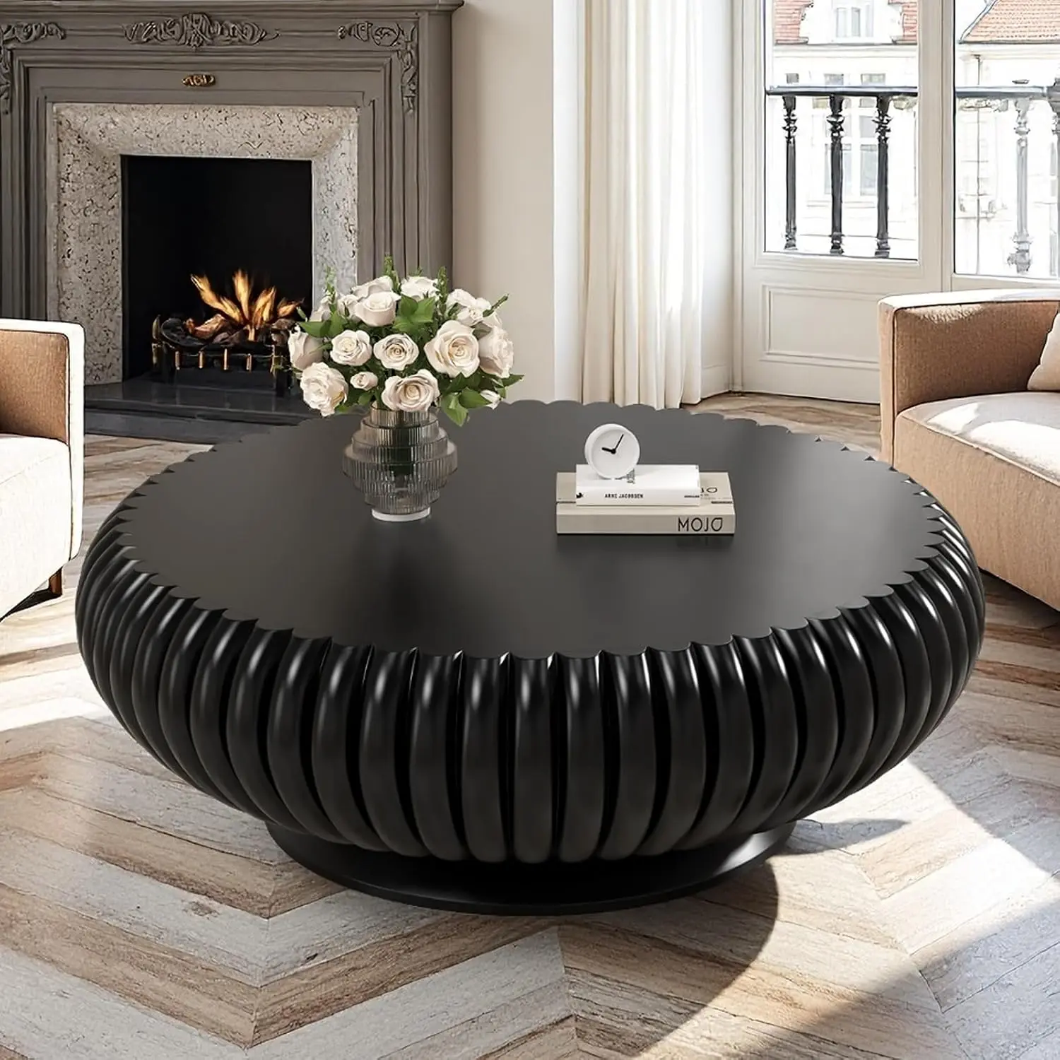 Round Fluted Coffee Table, Modern Drum Circle Coffee Table (35.43
