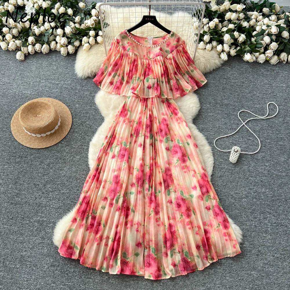 

Neploe French Style Sweet Heavy Beading Dress O Neck Ruffles Patchwork Print Slim Waist Robe Ruched Chiffon Elegant Moda Vestido