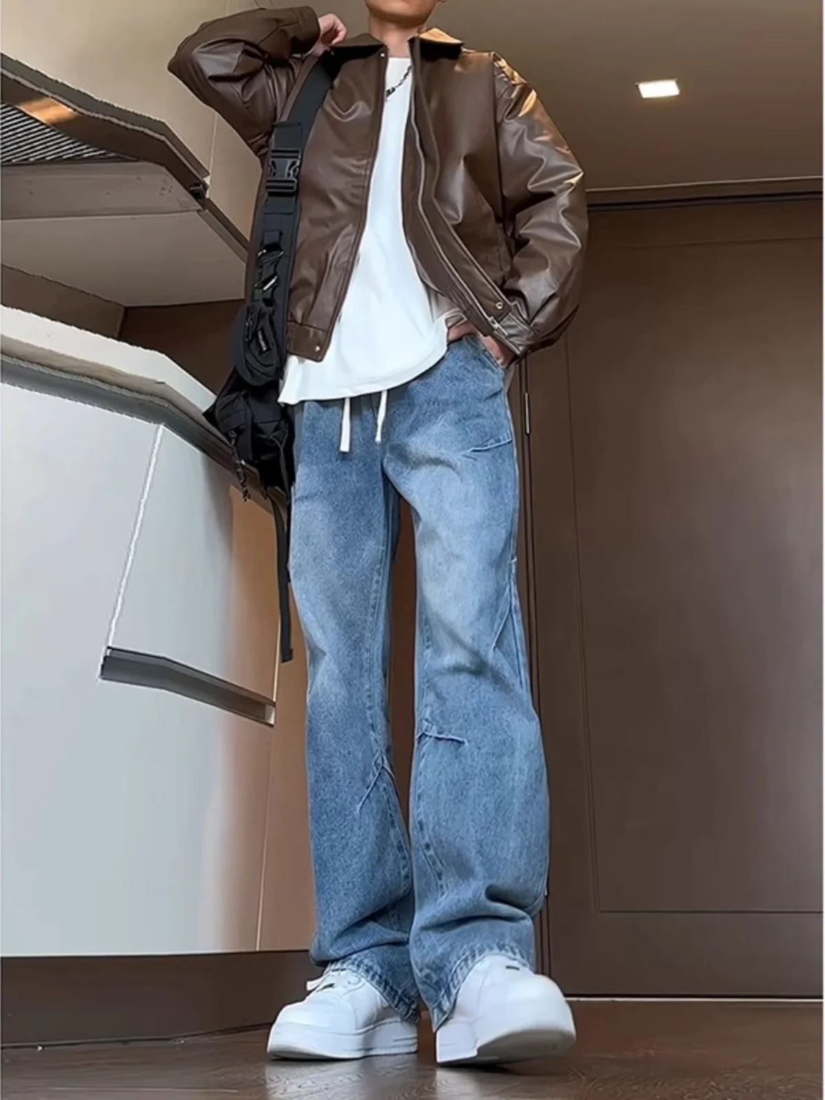 

Синие американские свободные мужские джинсы в стиле хип-хоп, прямые брюки с отворотами, универсальные длинные брюки, молодежные повседневные летние штаны