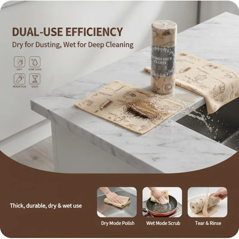 1 Roll Tearable Microfiber Kitchen Cleaning Cloth Non-Stick Lint-Free Towel for Car Interior Kitchen Dishes Cleaning