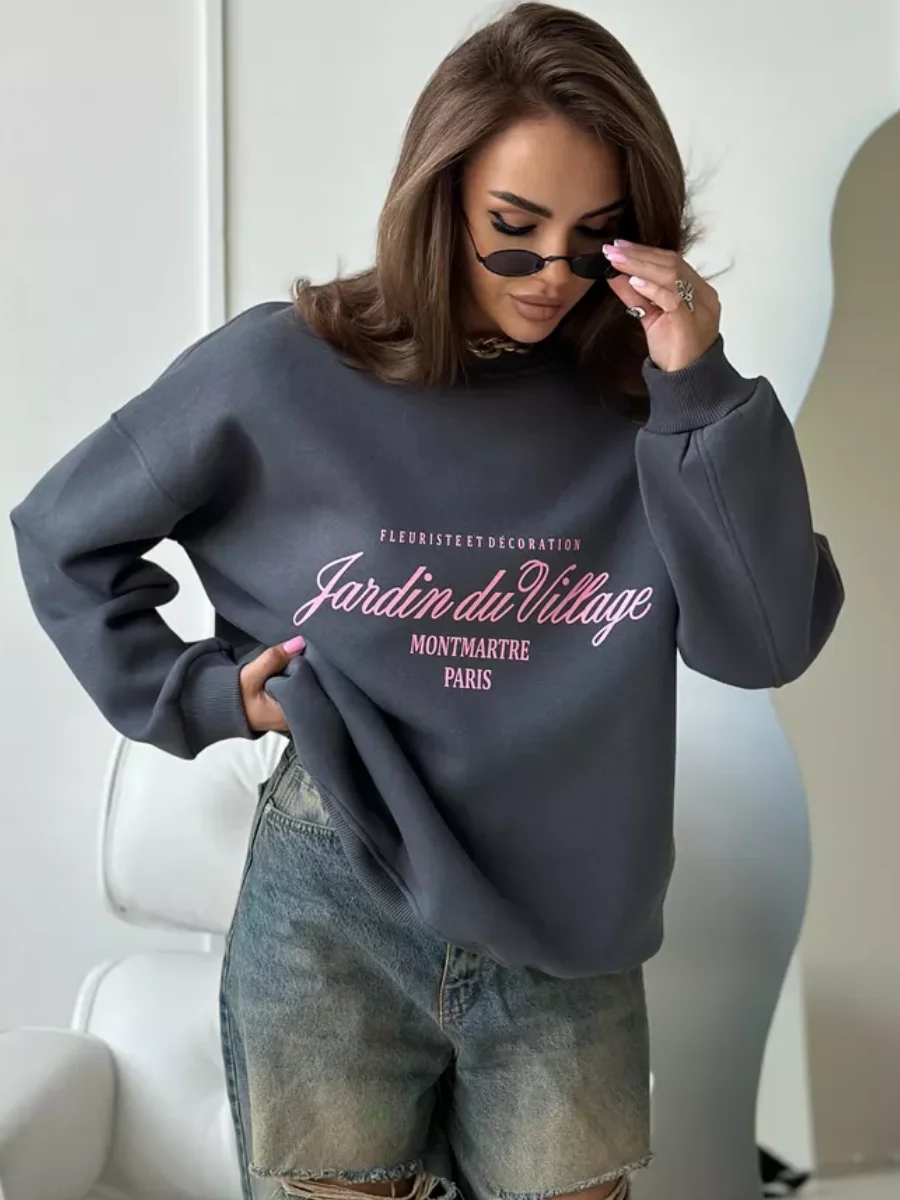 Women's Top American Retro Spring and Autumn European and American Style Ins Niche Printed Round Neck Hoodie