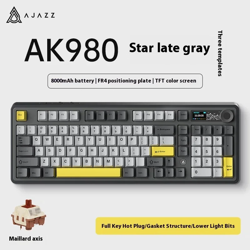 AJAZZ AK980 Mechanisch gamingtoetsenbord, 2,9 cm TFT-scherm, volumeknop, pakkingstructuur met 98 toetsen, RGB-verlichting, hot-swappable PR4