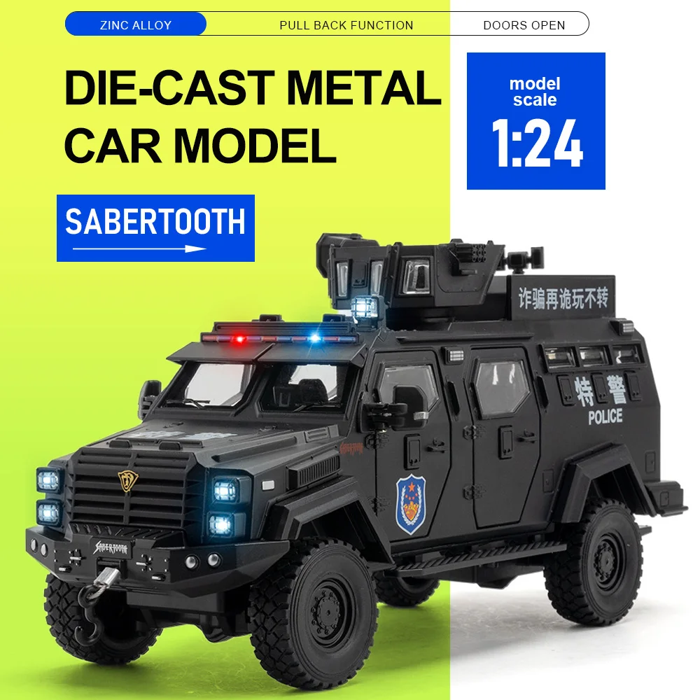 

1:24 Sabertooth Armed Police Street Car Model Toy Pull Back Cars Doors Opened Shock Absorption Vehicle Anniversary Surprise