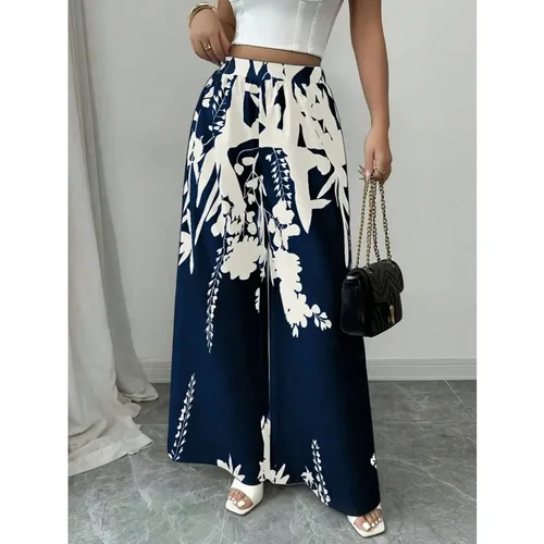 Pantalones largos informales adelgazantes con cintura y lazo estampado a la moda informal para mujer talla grande 1XL-5XL