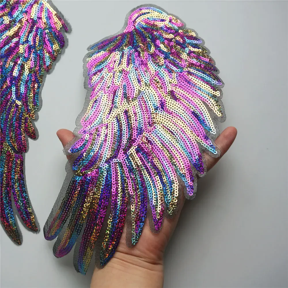 2PCS Rainbow Feather Wings Sequin Dreamy Sew Iron On Patches Embroidered Badges For Clothes DIY Appliques Craft Decoration