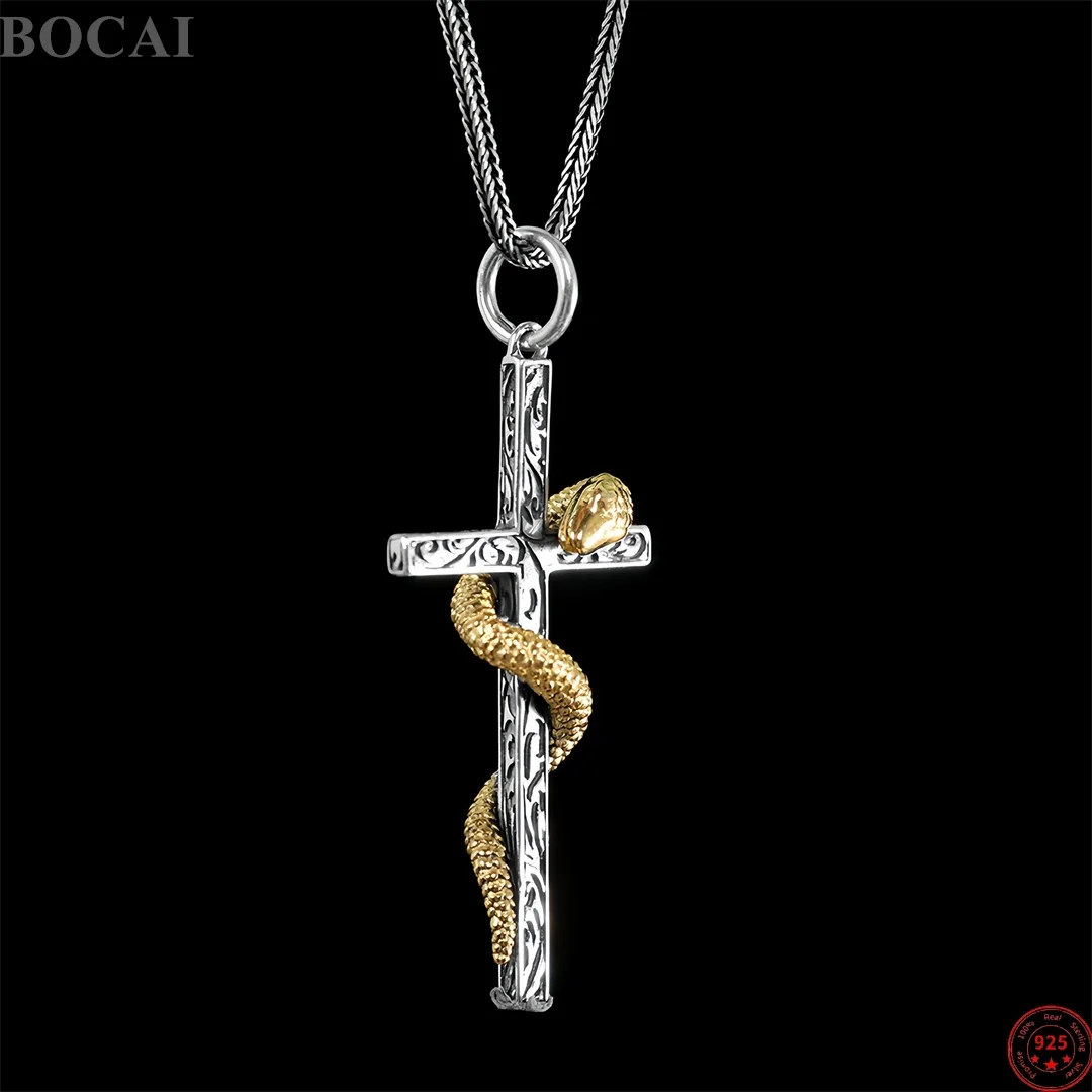 BOCAI New S925 Sterling Silver Charms Pendants for Men Women Antique Eternal Rattan Golden Snake Cross Charm Fine Choice Jewelry