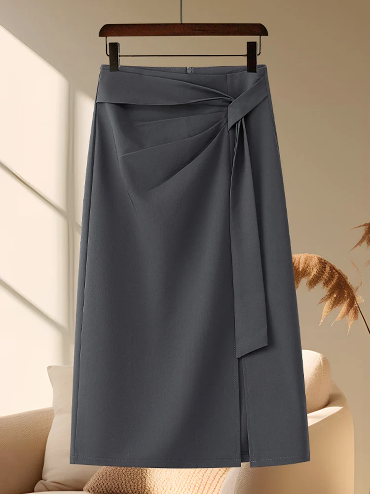 Gray Asymmetrical High Waist Business Style Women's Skirt Spring Summer Autumn Seasonal A-Line Silhouette Zipper Closure