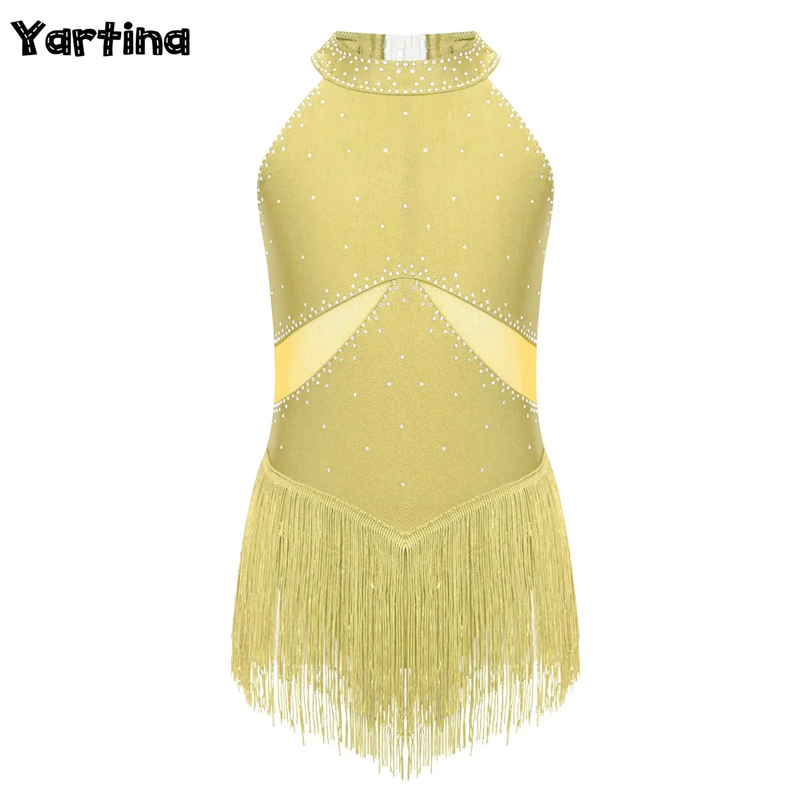 Kids Girls Rhythmic Gymnastics Artistic Skating Dress Tassel Tight Fitting Bodysuit Glittery Rhinestones Ballet Jersey Costumes