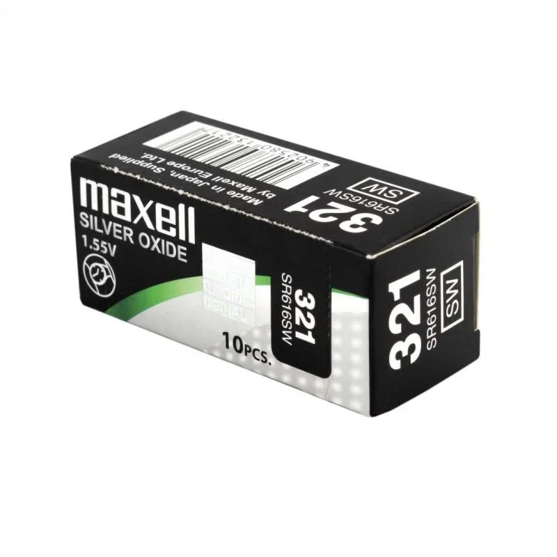 10 Maxell 321 Sr616Sw 616 1.55V Button Batteries, Silver Oxide, 0% Mercury Watch Battery Calculator Box of 10 Batteries