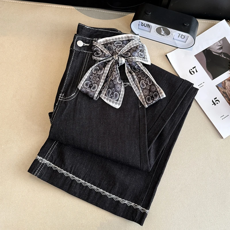 

Винтажные джинсы с вышивкой для женщин, свободные повседневные брюки из денима с широкими штанинами, шелковым шарфом и бантом, в корейском стиле, с высокой талией, уличная одежда, из чистого хлопка
