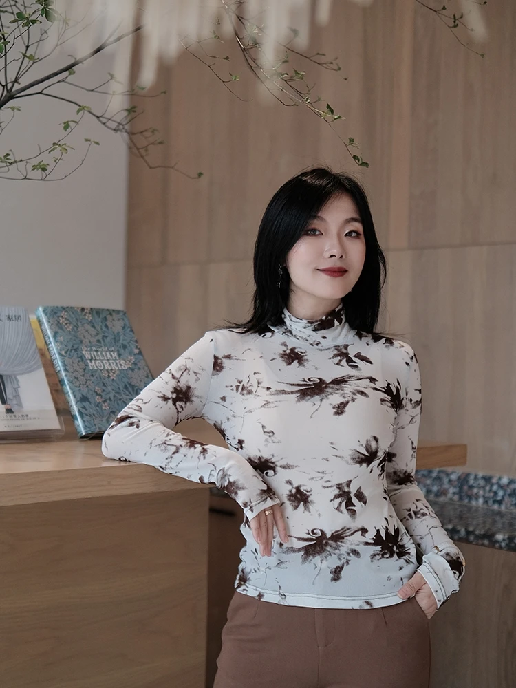 

Velvet Print High Collar Lightweight Fce Feel Base irt Versatile Faion Artistic Design Jiangnan Ink Painting Beau