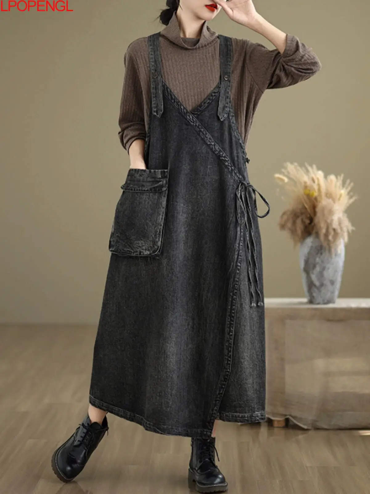 Fashion Solid Color Loose Denim Spaghetti Strap Dress Women Spring And Summer V-neck Suspender Spliced Large Pockets Long Dress