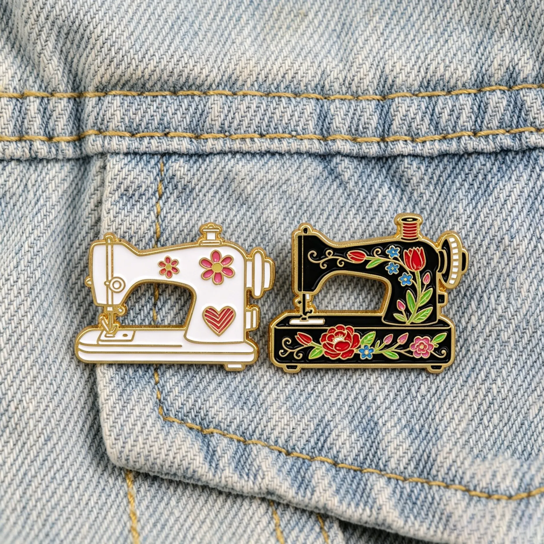 Vintage Sewing Machine Enamel Pins Cute Floral Brooches for Jeans Backpacks Jewelry Clothing Decoration Tailors Gift