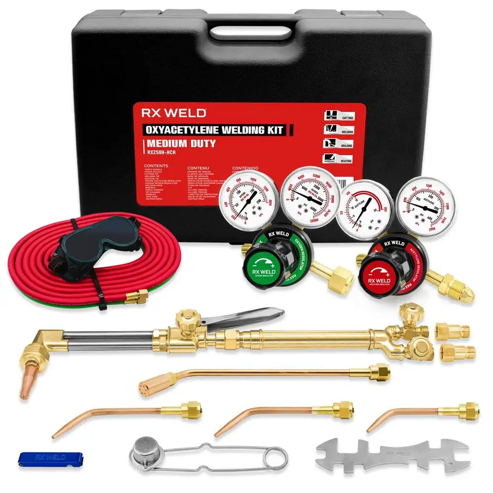 Medium Duty Oxy Acetylene Torch Kit Cutting Welding Brazing Heating Nozzle Check Valves Gas 6-Piece Oxygen Acetylene Regulators