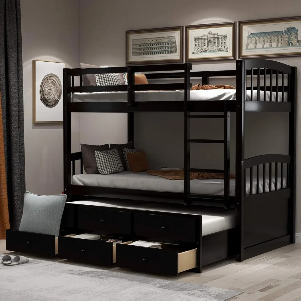 

Twin Over Twin Bunk Bed with Safety Rail, Ladder, Twin Trundle Bed with 3 Drawers for Bedroom, Guest Room Furniture