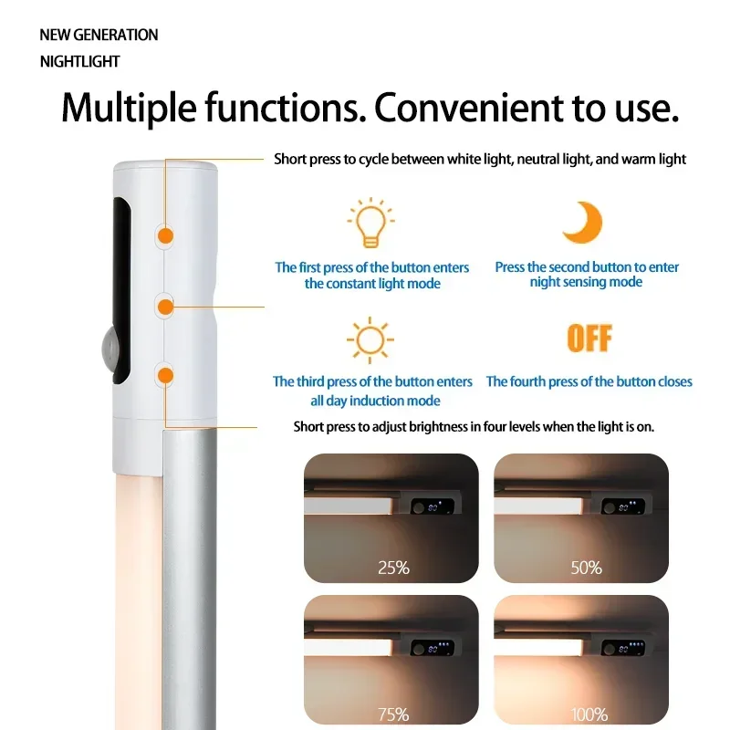 Światła typu LED Bar czujnik ruchu światła do szafki cyfrowy wyświetlacz lampy biurkowe typu C do ładowania oświetlenie nocne do szafy kuchennych
