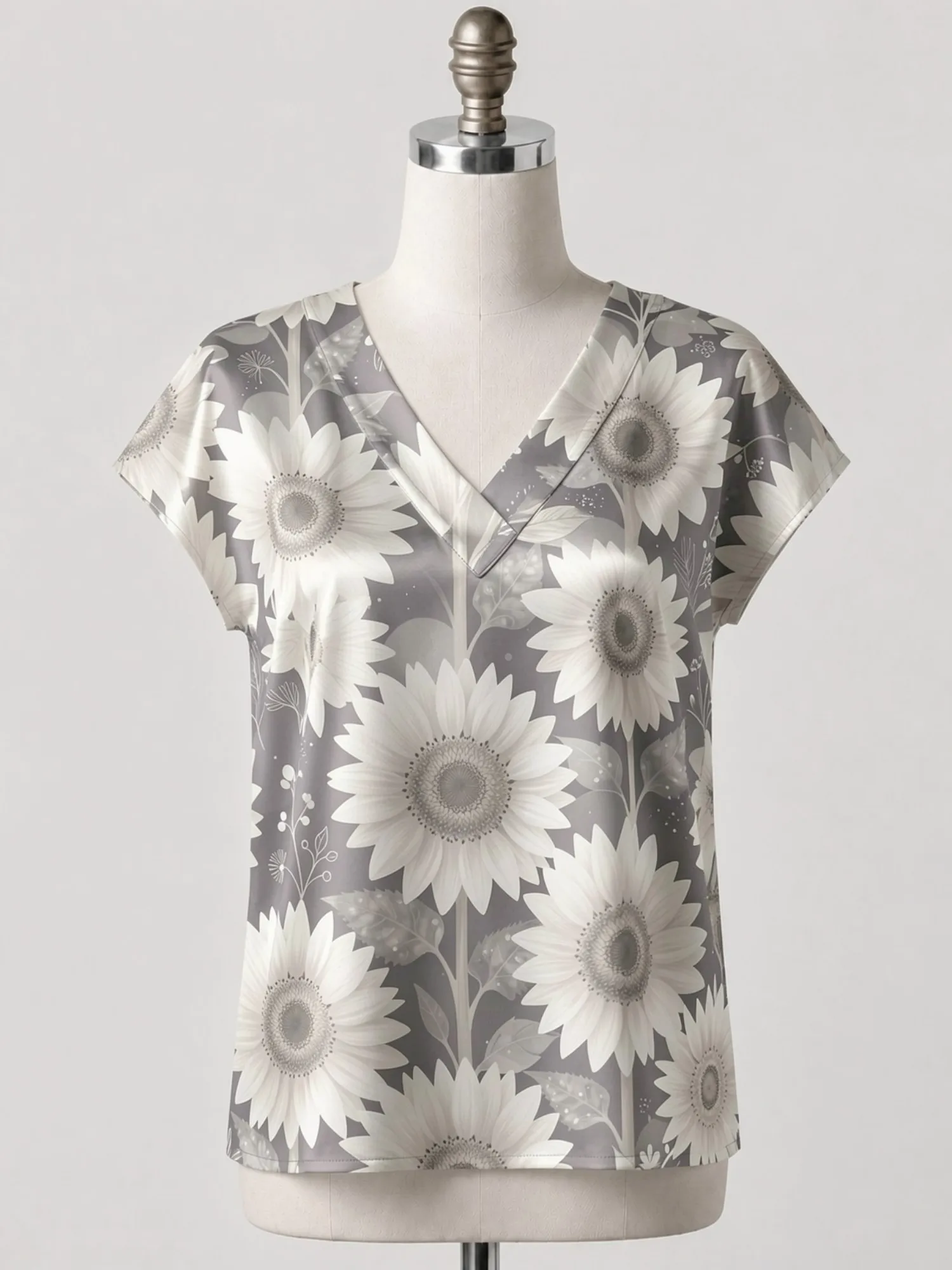 Floral Satin V Neck Top for Women Cap Sleeve Loose Draped Fit Silky Casual Summer Resort Wear Lightweight Breathable Drapey Glam