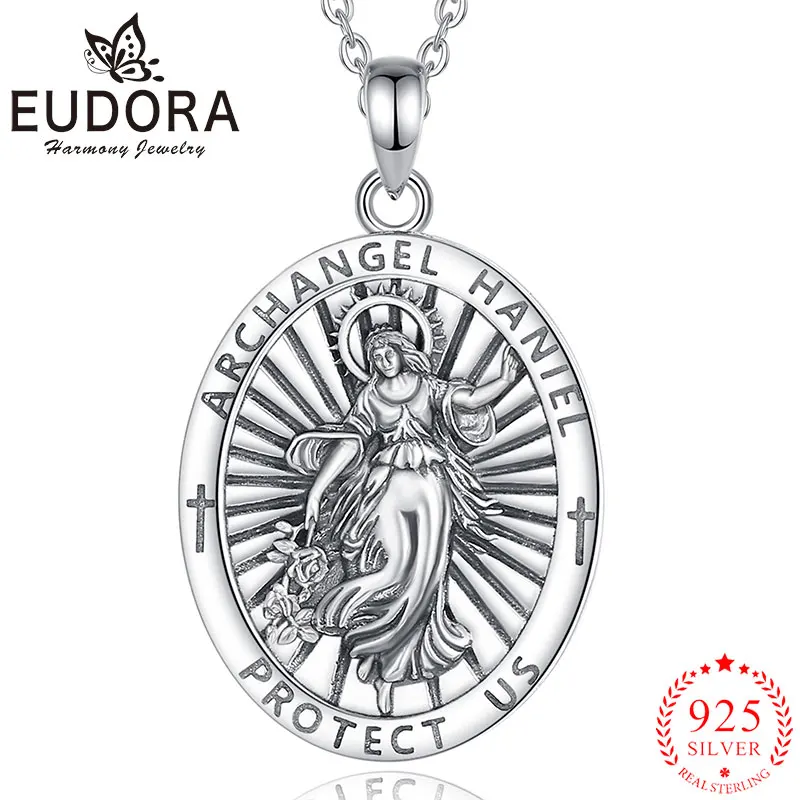 Eudora 925 Sterling Silver Archangel Haniel Necklace Amulet Religious Pendant Protect Believer Women Men Vintage Jewelry Gift