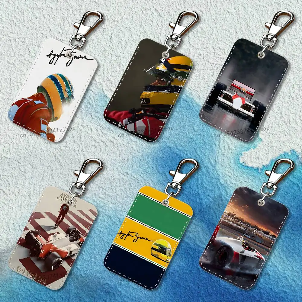 A-Ayrton S-Senna Rectangle Card Case Keychain Access Card Bag Key Tag Ring Leather Card Holder Key Ring Access