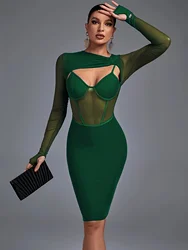 Lange Mouw Bandage Jurk Vrouwen Feestjurk Bodycon Elegante Groene Sexy Mesh Verjaardag Avond Club Outfits 2024 Nieuwjaar