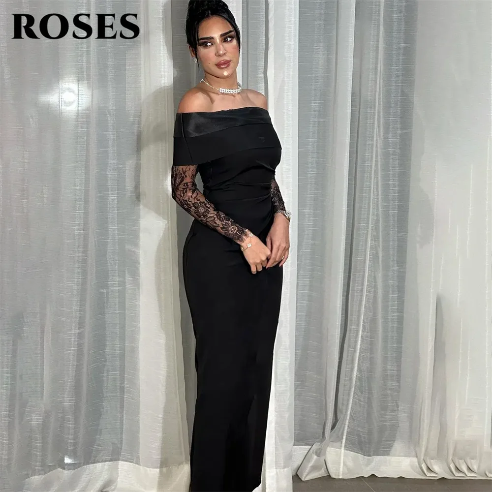 

ROSES Black Party Dresses With Lace One Shoulder Mermaid Night Dresses Simple Modest Satin Celebrity Dress for Woman Customized