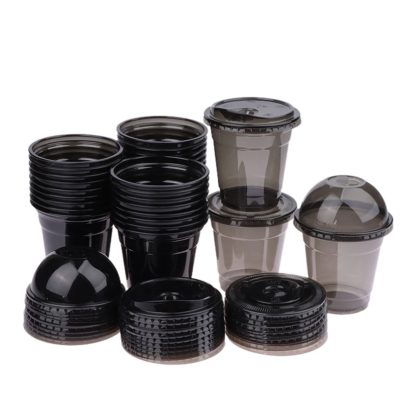 10Pcs Disposable Cold Drink Cup Black With Lid 330ML PET U-Shaped Cup Latte Iced Coffee Milk-Tea Pack Takeaway Cup 92 Caliber