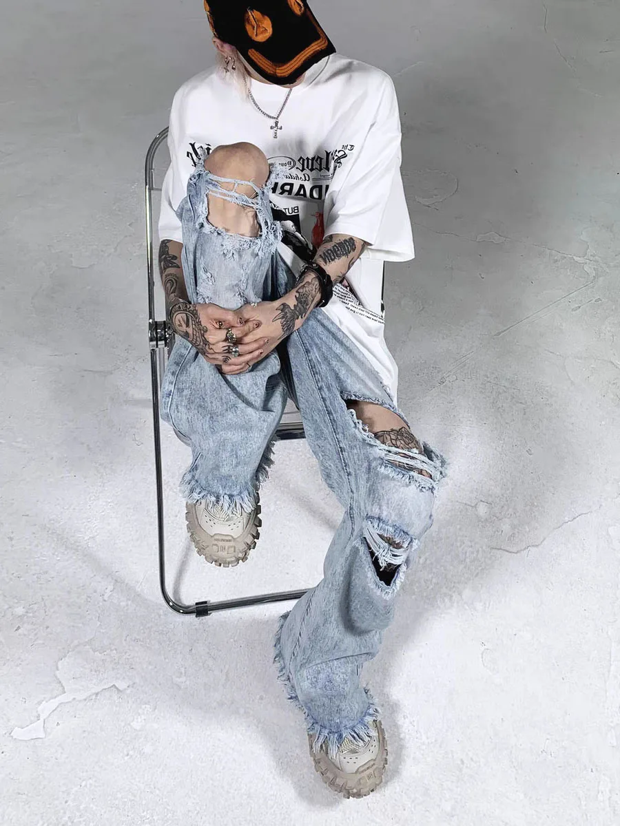 Men's Blue Hole Jeans Hip Hop Street Fashion Knee Big Hole Jeans Loose Ragged Edge Pants for Men and Women