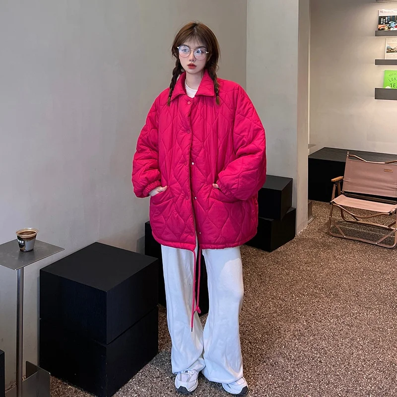 

2023 Winter Fashion Teenage Warm Cotton Jacket Small Collar Button Style Loose Knitted Coat Thickened Korean Style Women's Wear