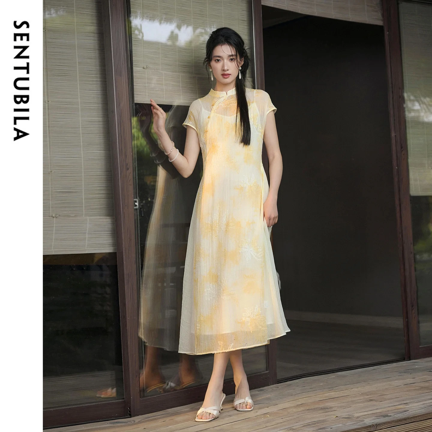 SENTUBILA Chinese Style Stand Collar Embroidery Dress Set Asymmetrical Front Frog Button Dress with Camisole Two-Piece 162LV4709