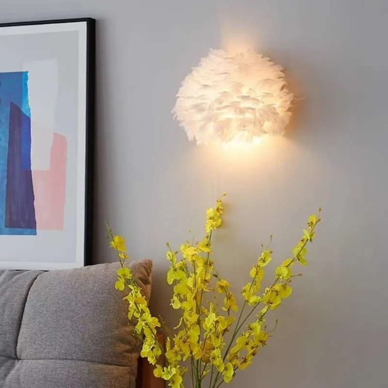Feather Wall Lamp Modern Living Room Minimalist Girl Princess Room Decoration Home Romantic Bedroom Bedside Lamp Mirror LightLED