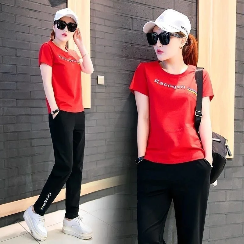 Women\'s Casual Sports Suit Spring Summer New Korean Style Loose Short Sleeve Top And Pants Two Piece Set Student Running Outfits