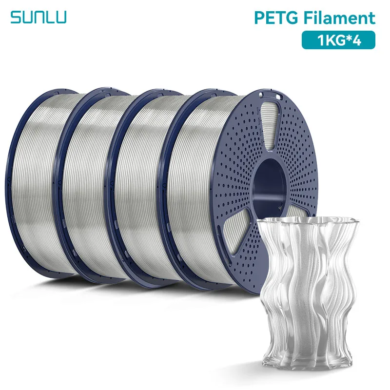 SUNLU 4KG PETG Transparentes Filament 1,75 ±0,02mm 1kg Spule (2,2lbs) Hochfestes, Sauber Gewickeltes Filament Passend für die Meisten FDM-Drucker