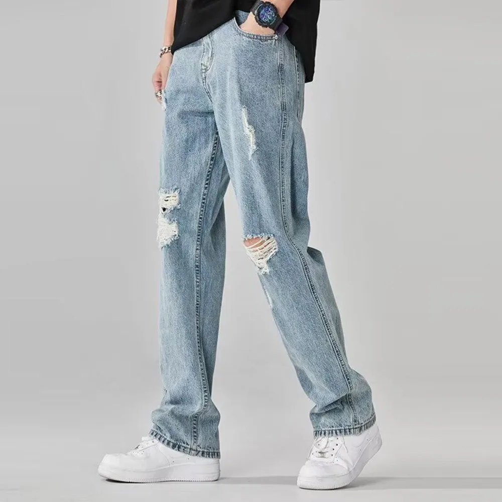 Invisible ouvert entrejambe sexe en plein air mâle jean pantalon nouvel été déchiré jean cylindre droit bébé bleu exoticisme décontracté Denim