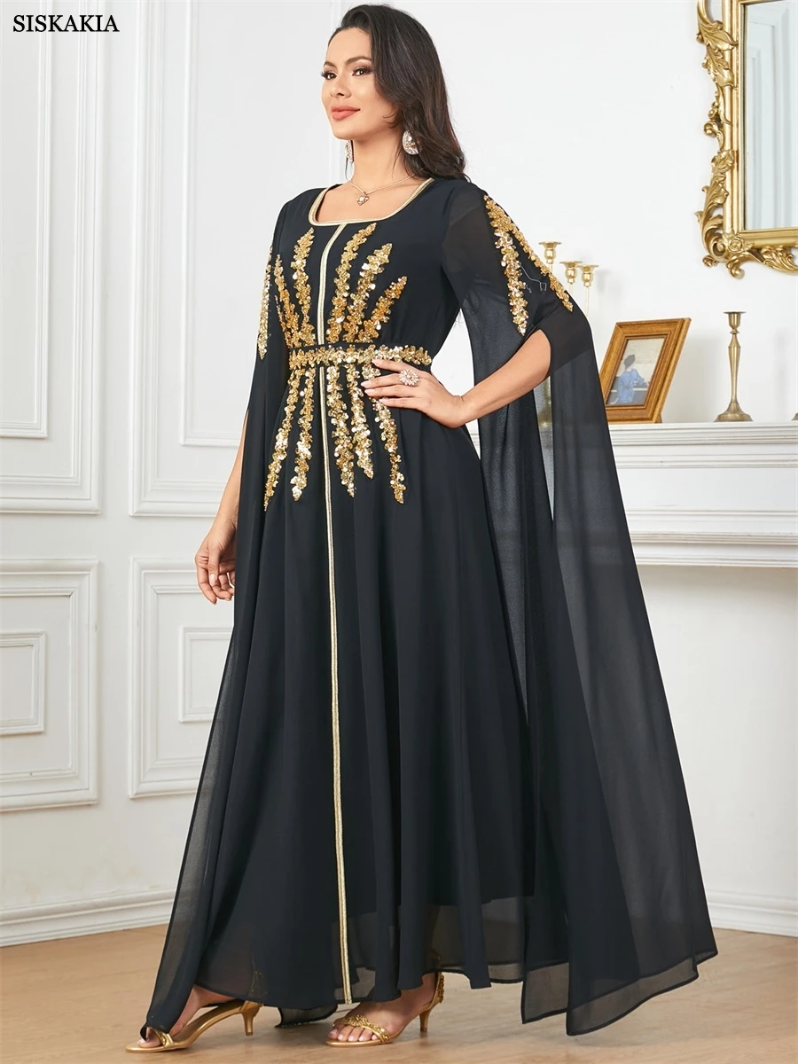 Sisakia luxe femme robe de soirée maille Super manches longues Abaya ceinture incluse paillettes Patchwork caftans femme