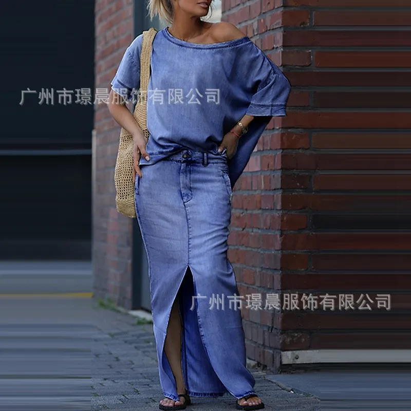 المرأة الربيع الصيف جديد 2 قطعة مجموعة بلون موضة قصيرة الأكمام بلوزات سبليت تنورة فستان أنيق الزي Conjuntos Femininos