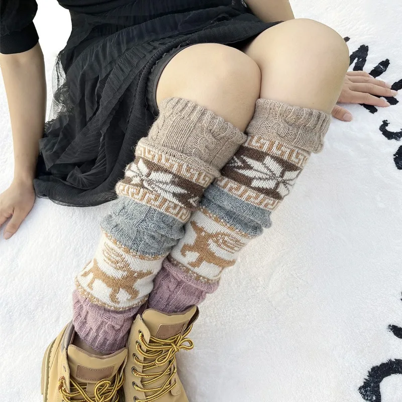Autumn and Winter Twist Snowflake Deer, Christmas Socks, Knitted Knee Pads, Wool Stacking Socks, Leg Warmers  Thigh High Socks