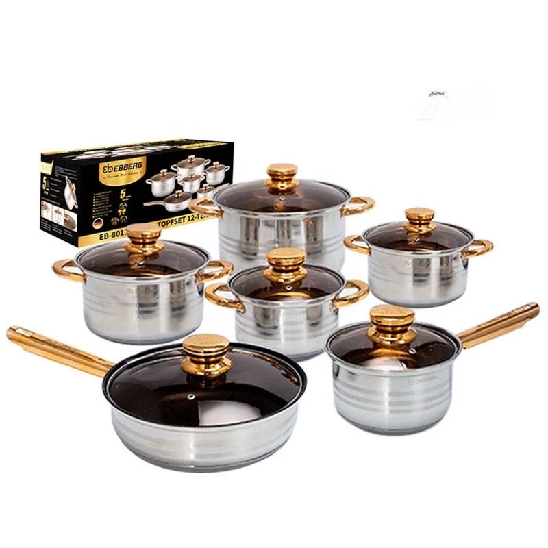 12Pcs Cooking Pots And Pans Stainless Steel Gold Cooking Pots Nonstick Kitchen Cookware Sets  Metal Pot Set Stocked