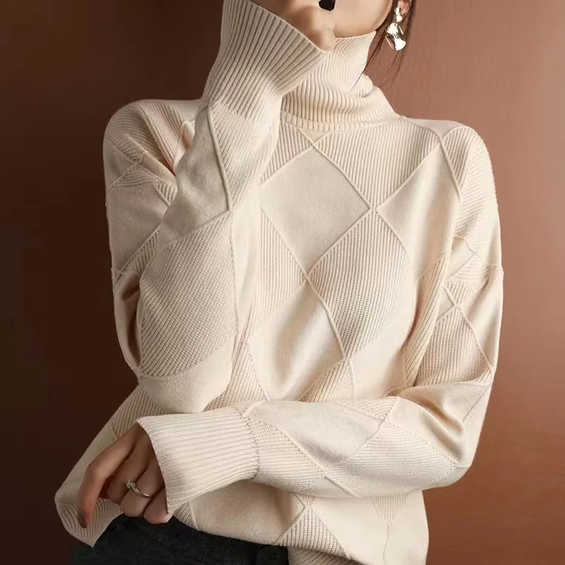 

2026 Women's New Fashion Trend High Quality Fresh and Sweet Diamond Check Texture Smooth Solid Color Pullover Women's Sweater